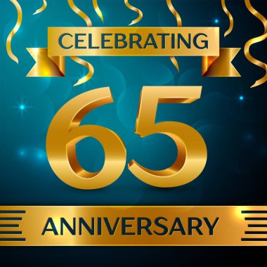 Gerçekçi altmış beş yıl yıldönümü kutlama tasarım. Altın konfeti ve mavi zemin üzerine altın şerit. Doğum günü partin için renkli vektör şablon öğeleri