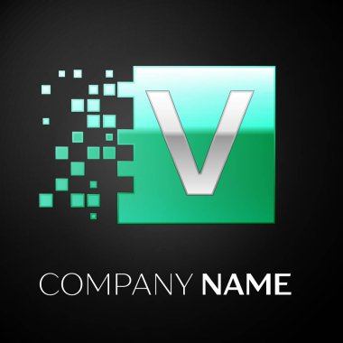 Yeşil renkli kare siyah arka plan üzerine parçalanmış bloklarla gümüş harf V logo simge. Tasarımınız için vektör şablonu