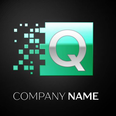 Yeşil renkli kare siyah arka plan üzerine parçalanmış bloklarla gümüş harf Q logo simge. Tasarımınız için vektör şablonu
