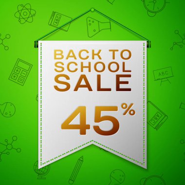 Geri için okul satış kırk dört yüzde'yazıt ile gerçekçi gri flama yeşil arka plan üzerinde indirim. Okul elemanları ile Seamless modeli. Satılık konsept mağaza mağaza için. Vektör çizim