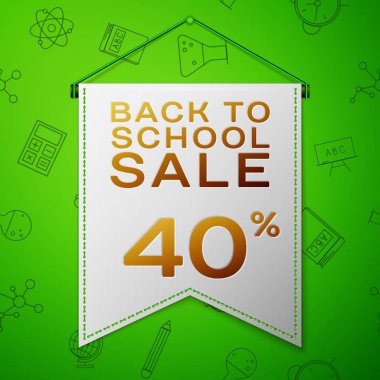 Gerçekçi gri flama yazıt için okul satış yüzde 40 indirim sırtında yeşil arka plan ile. Okul elemanları ile Seamless modeli. Satılık konsept mağaza mağaza için. Vektör çizim