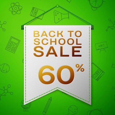Gerçekçi gri flama yazıt için okul satış % 60 indirim sırtında yeşil arka plan ile. Okul elemanları ile Seamless modeli. Satılık konsept mağaza mağaza için. Vektör çizim