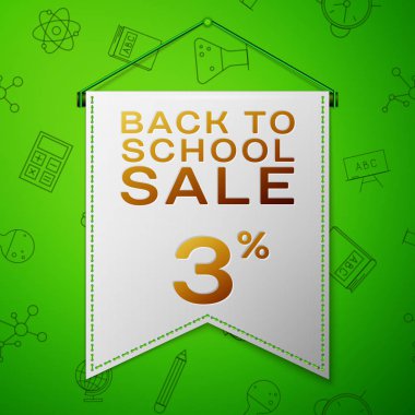 Gerçekçi gri flama yazıt için okul satış yüzde 3 indirim sırtında yeşil arka plan ile. Okul elemanları ile Seamless modeli. Satılık konsept mağaza mağaza için. Vektör çizim