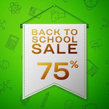 Geri için okul satış yetmiş beş yüzde indirim yeşil arka plan üzerinde yazıt ile gerçekçi gri flama. Okul elemanları ile Seamless modeli. Satılık konsept mağaza mağaza için. Vektör çizim