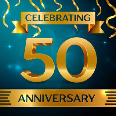 Gerçekçi elli yıl yıldönümü kutlama tasarım. Altın konfeti ve mavi zemin üzerine altın şerit. Doğum günü partin için renkli vektör şablon öğeleri