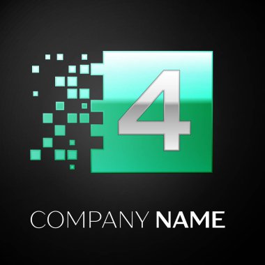 Gümüş dört numara logo simge yeşil renkli kare siyah arka plan üzerine parçalanmış bloklarla. Tasarımınız için vektör şablonu
