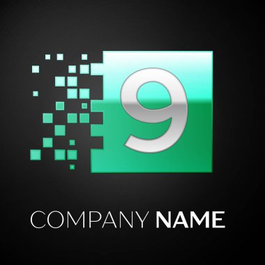 Gümüş Number Nine logo simge yeşil renkli kare siyah arka plan üzerine parçalanmış bloklarla. Tasarımınız için vektör şablonu