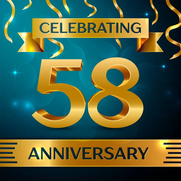 Gerçekçi elli sekiz yıl yıldönümü kutlama tasarım. Altın konfeti ve mavi zemin üzerine altın şerit. Doğum günü partin için renkli vektör şablon öğeleri