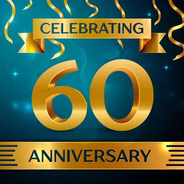 Gerçekçi altmış yıl yıldönümü kutlama tasarım. Altın konfeti ve mavi zemin üzerine altın şerit. Doğum günü partin için renkli vektör şablon öğeleri