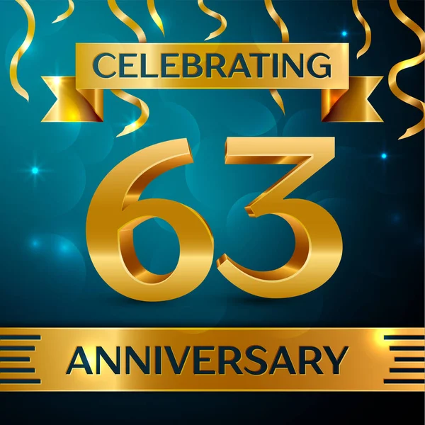 Gerçekçi altmış üç yıl yıldönümü kutlama tasarım. Altın konfeti ve mavi zemin üzerine altın şerit. Doğum günü partin için renkli vektör şablon öğeleri