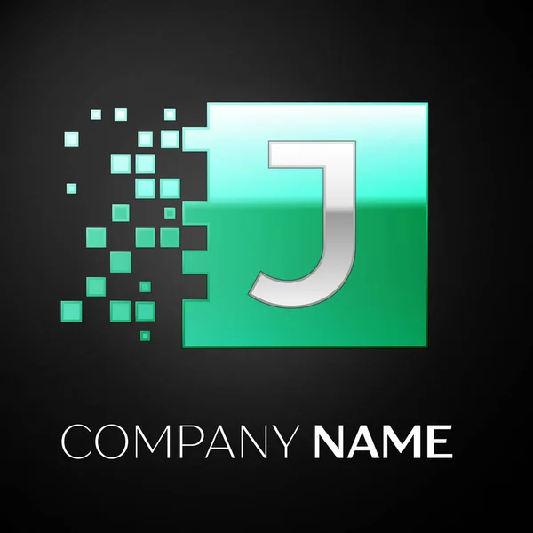 Ezüst levél J logo szimbólum a zöld színes négyzet, összetört blokkok fekete alapon. A design vektor sablon — Stock Vector