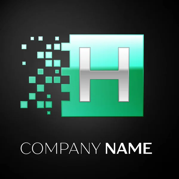 Ezüst levél H logo szimbólum a zöld színes négyzet, összetört blokkok fekete alapon. A design vektor sablon — Stock Vector