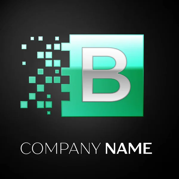 Silver Letter B símbolo do logotipo no quadrado colorido verde com blocos quebrados no fundo preto. Modelo de vetor para o seu projeto —  Vetores de Stock