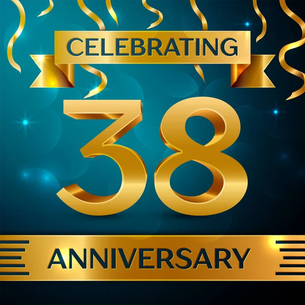 Gerçekçi otuz sekiz yıl yıldönümü kutlama tasarım. Altın konfeti ve mavi zemin üzerine altın şerit. Doğum günü partin için renkli vektör şablon öğeleri