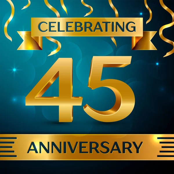 Gerçekçi kırk beş yıl yıldönümü kutlama tasarım. Altın konfeti ve mavi zemin üzerine altın şerit. Doğum günü partin için renkli vektör şablon öğeleri