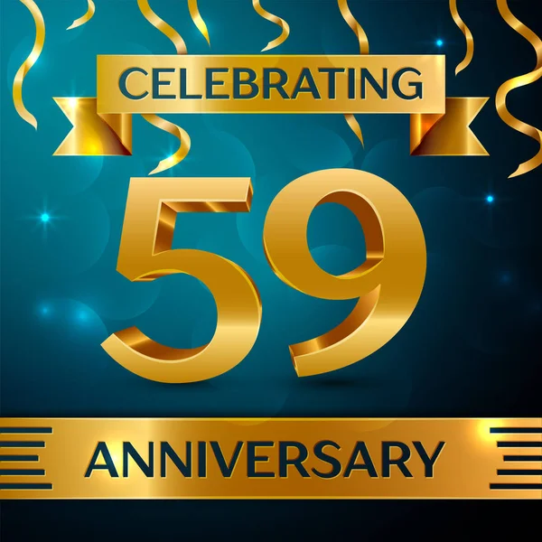 Realistic Fifty nine Years Anniversary Celebration Design. Golden confetti and gold ribbon on blue background. Colorful Vector template elements for your birthday party