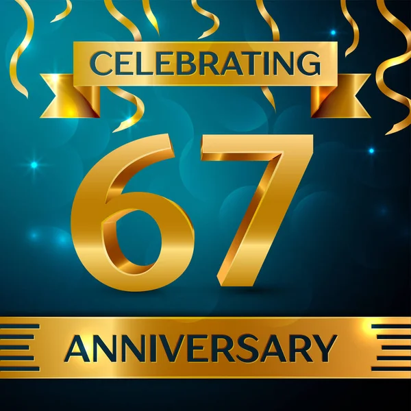 Gerçekçi altmış yedi yıl yıldönümü kutlama tasarım. Altın konfeti ve mavi zemin üzerine altın şerit. Doğum günü partin için renkli vektör şablon öğeleri