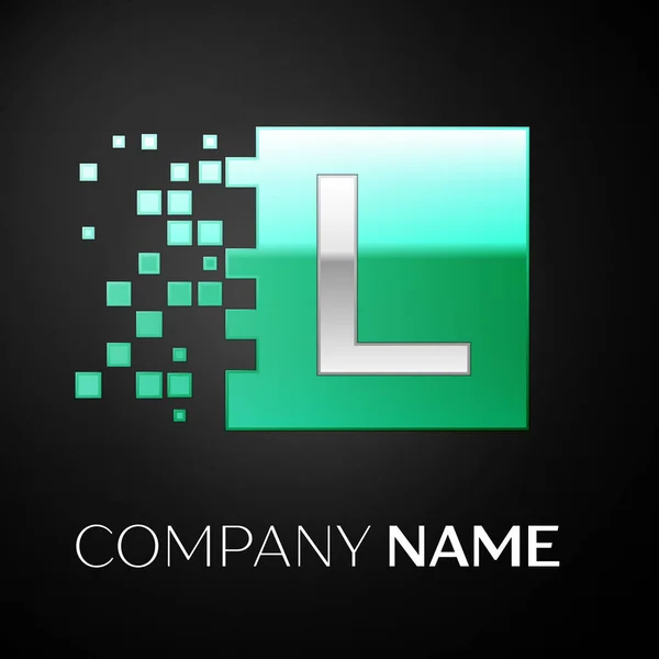 Stříbrné písmeno L logo symbol v zelené barevné náměstí s rozbitým bloky na černém pozadí. Vektor šablona pro návrh — Stockový vektor
