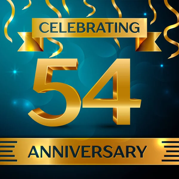 Gerçekçi elli dört yıl yıldönümü kutlama tasarım. Altın konfeti ve mavi zemin üzerine altın şerit. Doğum günü partin için renkli vektör şablon öğeleri