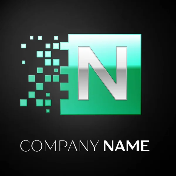 Символ логотипа Silver Letter N на зеленом красочном квадрате с разбитыми блоками на черном фоне. Векторный шаблон для Вашего дизайна — стоковый вектор