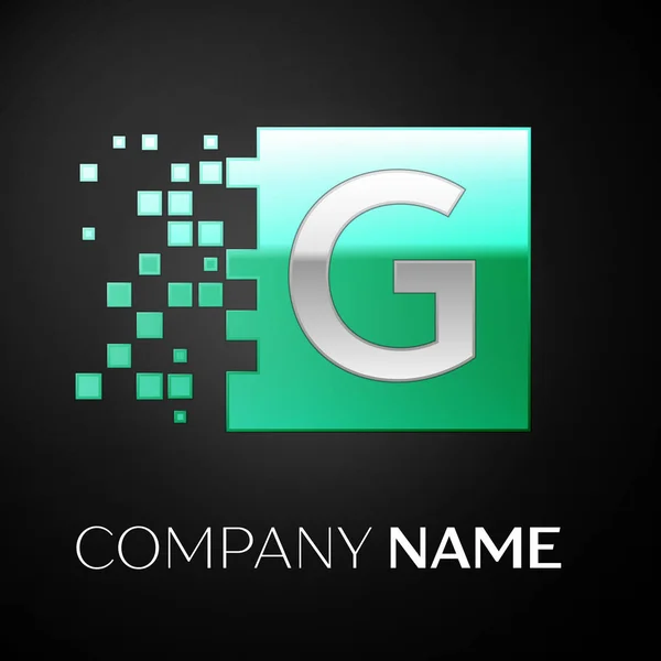 Символ логотипа G Серебряного письма на зеленом красочном квадрате с разбитыми блоками на черном фоне. Векторный шаблон для Вашего дизайна — стоковый вектор