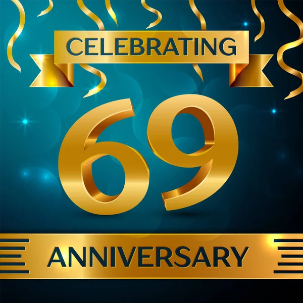 Gerçekçi altmış dokuz yıl yıldönümü kutlama tasarım. Altın konfeti ve mavi zemin üzerine altın şerit. Doğum günü partin için renkli vektör şablon öğeleri