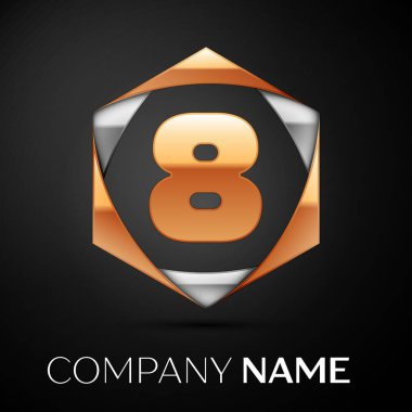 Altın sekiz numara logo sembol renkli altın gümüş siyah arka plan üzerine altıgen. Tasarımınız için vektör şablonu