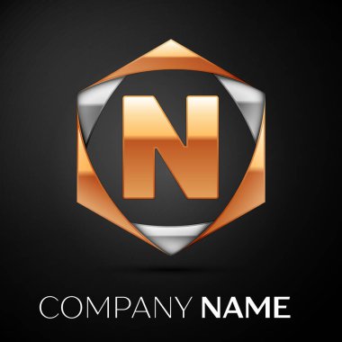 Renkli altın gümüş siyah arka plan üzerine altıgen altın harf N logo simge. Tasarımınız için vektör şablonu