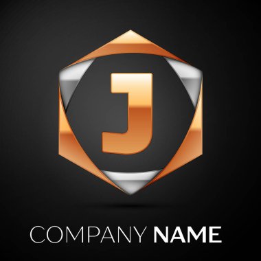 Renkli altın gümüş siyah arka plan üzerine altıgen altın harf J logo simge. Tasarımınız için vektör şablonu