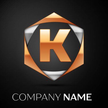 Renkli altın gümüş siyah arka plan üzerine altıgen altın harf K logo simge. Tasarımınız için vektör şablonu