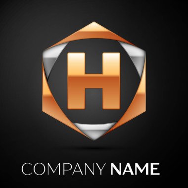 Renkli altın gümüş siyah arka plan üzerine altıgen altın H harfi logo simge. Tasarımınız için vektör şablonu