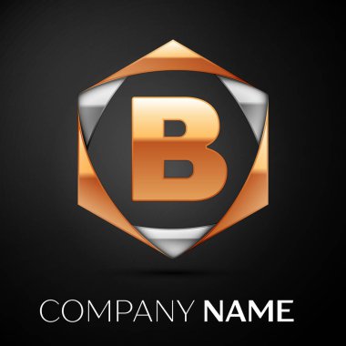 Renkli altın gümüş siyah arka plan üzerine altıgen altın mektup B logo simge. Tasarımınız için vektör şablonu