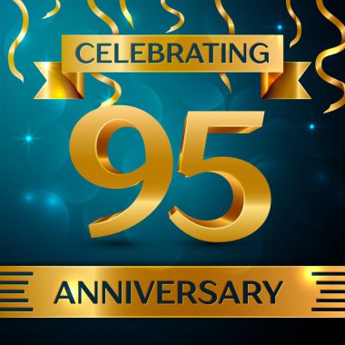 Gerçekçi doksan beş yıl yıldönümü kutlama tasarım. Altın konfeti ve mavi zemin üzerine altın şerit. Doğum günü partin için renkli vektör şablon öğeleri