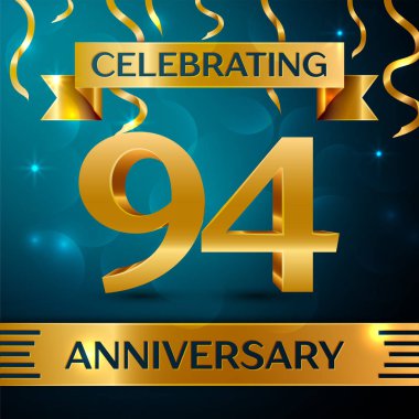 Gerçekçi doksan dört yıl yıldönümü kutlama tasarım. Altın konfeti ve mavi zemin üzerine altın şerit. Doğum günü partin için renkli vektör şablon öğeleri