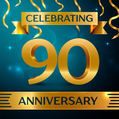 Gerçekçi doksan yıl yıldönümü kutlama tasarım. Altın konfeti ve mavi zemin üzerine altın şerit. Doğum günü partin için renkli vektör şablon öğeleri