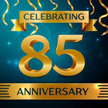 Gerçekçi seksen beş yıl yıldönümü kutlama tasarım. Altın konfeti ve mavi zemin üzerine altın şerit. Doğum günü partin için renkli vektör şablon öğeleri