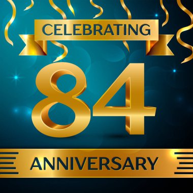 Gerçekçi seksen dört yıl yıldönümü kutlama tasarım. Altın konfeti ve mavi zemin üzerine altın şerit. Doğum günü partin için renkli vektör şablon öğeleri