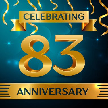 Gerçekçi seksen üç yıl yıldönümü kutlama tasarım. Altın konfeti ve mavi zemin üzerine altın şerit. Doğum günü partin için renkli vektör şablon öğeleri