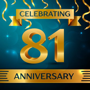 Gerçekçi seksen bir yıl yıldönümü kutlama tasarım. Altın konfeti ve mavi zemin üzerine altın şerit. Doğum günü partin için renkli vektör şablon öğeleri