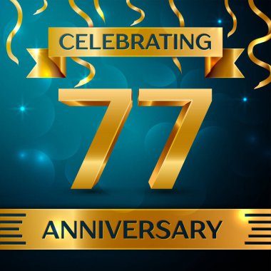 Gerçekçi yetmiş yedi yıl yıldönümü kutlama tasarım. Altın konfeti ve mavi zemin üzerine altın şerit. Doğum günü partin için renkli vektör şablon öğeleri