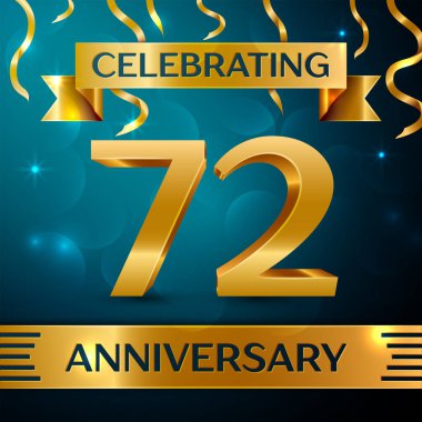 Gerçekçi yetmiş iki yıl yıldönümü kutlama tasarım. Altın konfeti ve mavi zemin üzerine altın şerit. Doğum günü partin için renkli vektör şablon öğeleri