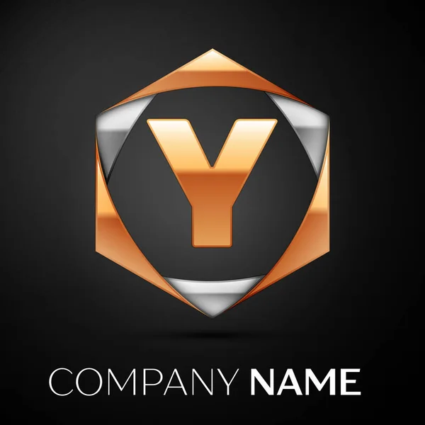 Arany Y betű logo szimbólum a színes arany-ezüst hatszögletű fekete háttér. A design vektor sablon — Stock Vector
