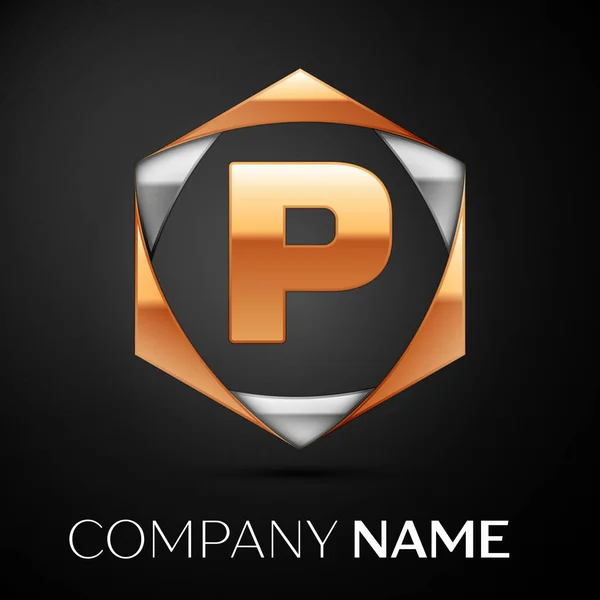 Arany levél P logo szimbólum a színes arany-ezüst hatszögletű fekete háttér. A design vektor sablon — Stock Vector