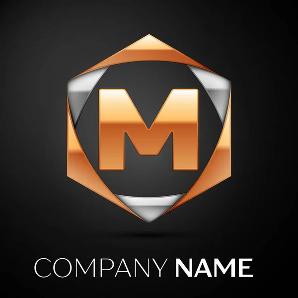 Letra de oro M símbolo del logotipo en el colorido de oro-plata hexagonal sobre fondo negro. Plantilla vectorial para su diseño — Archivo Imágenes Vectoriales