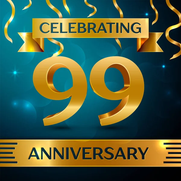 Gerçekçi doksan dokuz yıl yıldönümü kutlama tasarım. Altın konfeti ve mavi zemin üzerine altın şerit. Doğum günü partin için renkli vektör şablon öğeleri