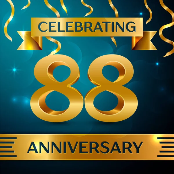 Gerçekçi seksen sekiz yıl yıldönümü kutlama tasarım. Altın konfeti ve mavi zemin üzerine altın şerit. Doğum günü partin için renkli vektör şablon öğeleri