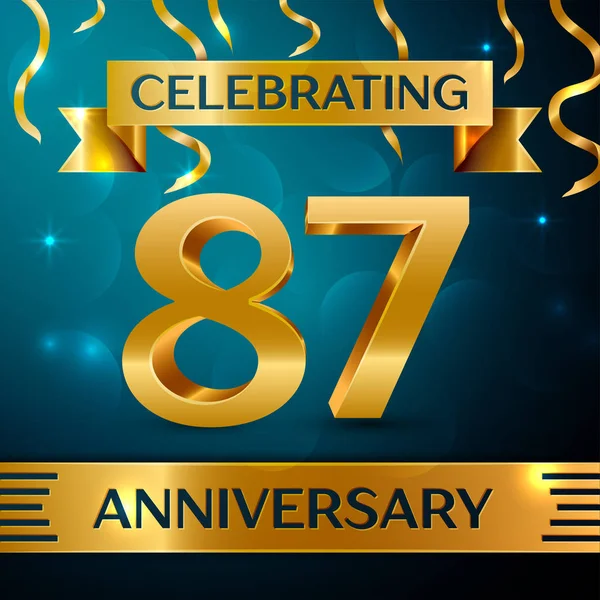 Gerçekçi seksen yedi yıl yıldönümü kutlama tasarım. Altın konfeti ve mavi zemin üzerine altın şerit. Doğum günü partin için renkli vektör şablon öğeleri