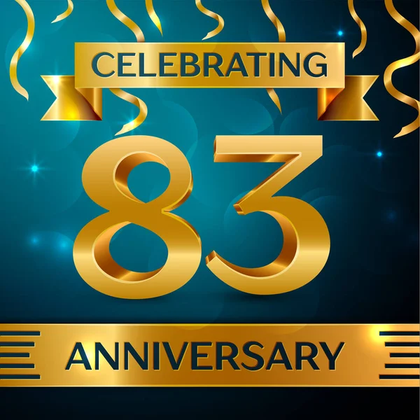 Gerçekçi seksen üç yıl yıldönümü kutlama tasarım. Altın konfeti ve mavi zemin üzerine altın şerit. Doğum günü partin için renkli vektör şablon öğeleri