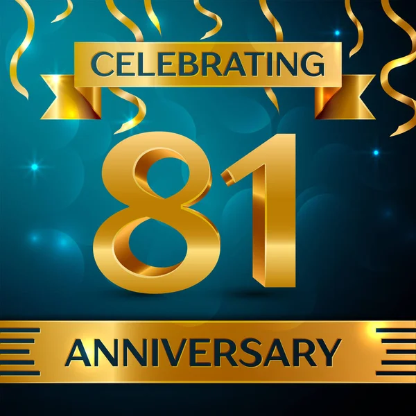 Gerçekçi seksen bir yıl yıldönümü kutlama tasarım. Altın konfeti ve mavi zemin üzerine altın şerit. Doğum günü partin için renkli vektör şablon öğeleri