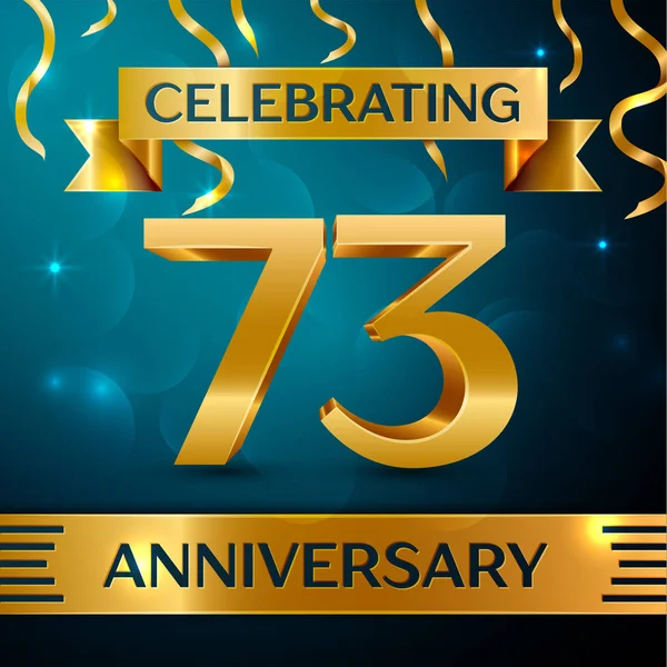 Gerçekçi yetmiş üç yıl yıldönümü kutlama tasarım. Altın konfeti ve mavi zemin üzerine altın şerit. Doğum günü partin için renkli vektör şablon öğeleri